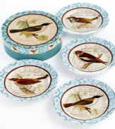 Naturalist prints tell the story of four feathered friends on British Birds dessert plates. Vintage styling and watercolor trim add to the porcelain's antique sensibility. With a coordinating box to treat outdoorsy entertainers.