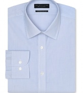 Dress shirt with spread collar, two button barrel cuffs and a slimmer fit through the body, with an allover blue stripe pattern.