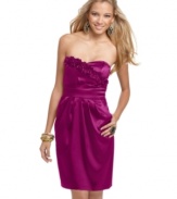 BCX gives a strapless satin dress a modern makeover with a ruffled sweetheart neckline. The gathered waist creates a skirt silhouette that's to die for!