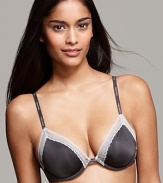 A sexy mid-coverage bra with delicate lace trim along neckline and logo embossed straps.