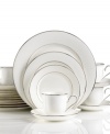 For nearly 150 years, Lenox has been renowned throughout the world as a premier designer and manufacturer of fine china. The simple and classic Hannah Platinum pattern brings a timeless refinement to your formal entertaining table, in pure white bone china embossed with a subtle palmetto-leaf design, and banded in platinum. Set includes 4 dinner plates, 4 salad plates, 4 bread and butter plates, 4 tea cups and 4 saucers. Qualifies for Rebate