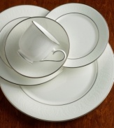 For nearly 150 years, Lenox has been renowned throughout the world as a premier designer and manufacturer of fine china. The simple and classic Hannah Platinum place settings bring timeless refinement to your formal entertaining table, in pure white bone china embossed with a subtle palmetto-leaf design, and banded in platinum. Qualifies for Rebate