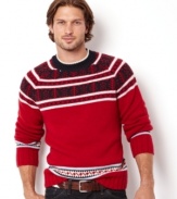 Handsome and bold is this fairisle stripe pattern sweater by Nautica.