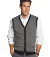 Spice up your look in seconds with this handsome tweed sweater-vest from Geoffrey Beene.