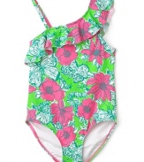 Lush with floral jungle print, this off-the-shoulder swimsuit from Lilly Pulitzer makes the most of her days in the sun.