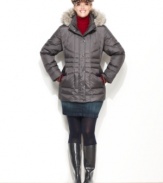 A puffer that shapes your silhouette? Clever channel quilting creates a flattering look on London Fog's plus size parka. Faux fur trim adds a luxe touch.