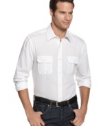 In a classic solid, this Alfani Black shirt gets a modern update with two buttoned pockets on the chest.