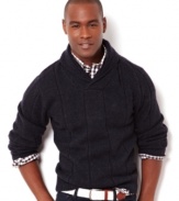 Stay on-trend with seasonal style wearing this shawl collar sweater from Nautica.