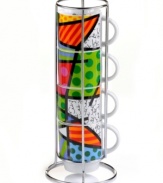 Pattern maker. Four mugs bearing the unmistakable pop art of Romero Britto make a fabulous and functional addition to modern kitchens. Stack to create one cohesive design in the accompanying metal caddy.