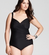 Rise above the trends with this classic one piece from Miraclesuit. The crossover ruched front and side gathers conceal and contour without compromising comfort.