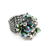 Capture the latest trend all in one chic cluster! Kenneth Cole New York ring features multicolored, iridescent, beads in a hematite tone mixed metal setting. Ring stretches to fit finger.