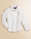 Preppy cotton oxford style detailed with a pinstriped undercollar and cuffs for a tailored look.Button-down collar Multicolor embroidered pony on chest Long sleeves with barrel cuffs Rounded shirttail hem with striped gussets Split back yoke Cotton Machine wash Imported