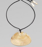 This lustrous Mother of Pearl pendant is suspended from a delicate cotton cord.Mother of PearlCotton cording Length, about 15Pendant, about 5W X 4½HTie closure with Mother of Pearl tipsImported