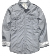 Military-inspired details like epaulets and chest pockets add a rugged feel to this sleekly striped shirt from Guess.