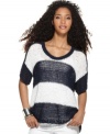 An open-knit sweater with chunky colorblocked stripes is simply fresh, from Calvin Klein Jeans. Try it with white pants to complete the look!