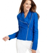 Calvin Klein's linen-blend jacket features sleek moto styling and an asymmetrical zippered front.