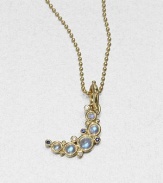 A celestial design featuring royal blue moonstones, diamonds and sapphires set in 18k gold. Royal blue moonstonesDiamonds, .045 tcwSapphires18k goldPendant size, about 1Fixed baleMade in ItalyPlease note: Chain sold separately. 