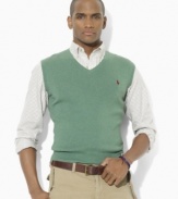 Knit from luxuriously soft Pima cotton yarns in a classic jersey stitch, this classic-fitting sweater vest is a preppy essential for the modern man's wardrobe.