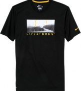 Added support. The power combination of Dri-Fit technology and a LIVESTRONG® graphic keep you comfortable and inspired for top performance in this Nike t-shirt. Join Lance Armstrong and Nike in supporting those living with cancer today.