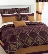 Combining the look of Rococo-inspired embroidery with modern geometric appeal, the Nicolette room in a bag creates an instant atmosphere of regality. Set in gorgeous purple and gold over a smooth jacquard ground, the comforter and shams are finished with delicate piping. Glistening beauty in its window sheers only add to this exhilarating bedding design. (Clearance)