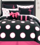 In a bold palette of pink, black and white, Sophie bedding is spot-on stylish. Bright white dots outlined in pink decorate the comforter, while the coordinating shams feature a black background accented by bright pink trim and bow detail. Fashion-forward decorative pillows boasting chic, shocking pink accents complete the look with flair.