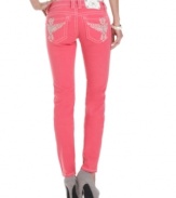 Embroidery and rhinestones add eye-catching appeal to these bright Miss Me skinny jeans -- a hot look for spring!