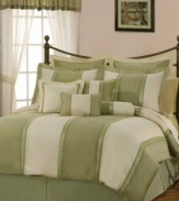 The Simsbury room in a bag presents a lovely large stripe design in contrasting sage and ivory. A detailed ribbon with printed scrolling leaf patterns edges each piece with an elegant finishing touch. With added window sheers and a pleated bedskirt, the Simsbury design refreshes any bedroom with classic style. (Clearance)