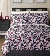 Turn over a new leaf. A dramatic red and purple allover leaf pattern adorns the Shadows comforter set for a look that stands out in any bedroom. White sheets and pillowcases feature a stenciled pattern of leaves, softening the bold tones of the comforter and shams.