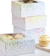 Perfect for the party! Take your baked greats on the go with these fun and festive collapsible cupcake boxes, which are lit up with a bright confetti pattern and have a display window to proudly show off your sweets. Holding up to four cupcakes, each box puts that professional touch on your treats.