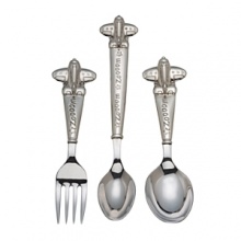 Mealtime sets off into the wild blue yonder with the Zoom Zoom 3-Piece Set. This stainless steel baby set with nickelplated handles includes a baby spoon and fork just the right size for little hands, and an infant feeding spoon.