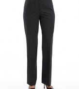 THE LOOKWide waistband with bar-and-loop closeFront zipperStraight legsTHE FITRise, about 10Inseam, about 34THE MATERIAL95% wool/5% Lycra spandexCARE & ORIGINDry cleanImported