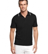 A quick style tip: contrast collars are cool details for your polo look like this one from Perry Ellis.