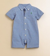 The button-down Kensington shirt inspired an adorably authentic shortall in preppy gingham cotton broadcloth.Button-down pointed collarShort sleevesButton-frontSnapped hem for easy on and offCottonMachine washImported Please note: Number of buttons/snaps may vary depending on size ordered. 