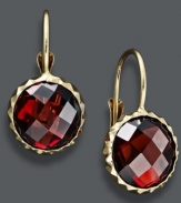 Look perfectly glam in these stunning gemstone earrings. Crafted from round-cut garnets (5 ct. t.w.), these sultry red leverback earrings will add a special touch to any look. Crafted in 14k gold. Approximate drop: 1/2 inch.