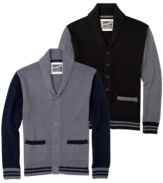 Retrofit takes the look of an old-time letterman's sweater and brings it into the 21st century with a washable cotton-blend cardigan detailed-striped ribbing, contrast sleeves-like a classic varsity jacket.