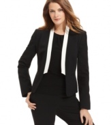 Give your ensemble a sharp, tuxedo-inspired twist with this new petite jacket from Calvin Klein, featuring a boldly contrasting front placket.