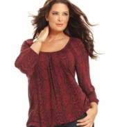 Capture on-trend style with MICHAEL Michael Kors' three-quarter-sleeve plus size top, featuring a snakeskin print.