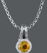 A sunshine-inspired drop elevates any look. Balissima by Effy Collection's stunning pendant necklace features a round-cut citrine (1-5/8 ct. t.w.) surrounded by sparkling, round-cut diamonds (1/8 ct. t.w.). Set in sterling silver with 18k gold accents. Approximate length: 18 inches. Approximate pendant drop: 9/10 inch. Approximate pendant width: 1/2 inch.