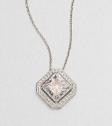 A distinctively faceted square of cubic zirconia is framed by shimmering pavé crystals in this lovely design on a silvery chain.Crystal and cubic zirconiaRhodium platingChain length, about 16Pendant, about ½ squareLobster claspImported