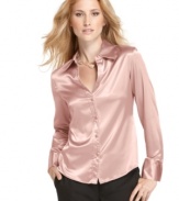 A sophisticated button-down blouse from Kasper with a pretty sheen and feminine tailoring for a dressy look.