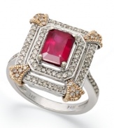 Royal etiquette. This stunning ring combines an emerald-cut ruby (2 ct. t.w.) with two rows of round-cut diamonds (1/2 ct. t.w.). Set in 14k white gold with 14k rose gold corners.