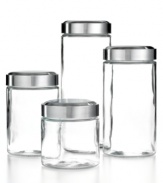 Freshen up. Transform your kitchen with these smart canisters that bring new life to snacks, ingredients and other cooking essentials by trapping in freshness and keeping out moisture and air. An attractive accent for your countertop or pantry, each glass jar has a stainless steel screw-top lid. Limited lifetime warranty.