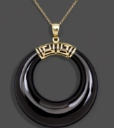 Let style come full circle in this elegant and timeless pendant. A cut-out onyx circle (30 mm) creates a bold statement in an intricate 14k gold setting. Approximate length: 18 inches. Approximate drop: 1-1/2 inches.