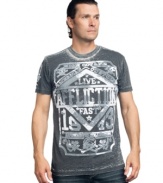 Getting hearts racing. This moto-themed short-sleeved shirt from Affliction will have your style running at high octane.