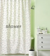 An adorable typeface presents repeating synonyms in sweet pastels upon this pure cotton shower curtain, offering a smart and simple update for any bathroom.