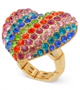 Make a colorful statement with this stretch ring from Betsey Johnson. Crafted from gold-tone mixed metal, the ring features a full spectrum of rainbow-colored glass crystal accents for a vibrant touch.