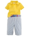 A classically preppy set includes a cotton mesh polo, seersucker short and coordinated madras ribbon belt.