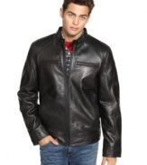 Just add a Harley. The sleek and smooth look of this genuine leather jacket from Guess works just as well off the hog.