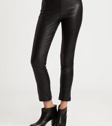 Sleek leather bonded with hint of stretch in a sophisticated crop-leg silhouette.Elastic waistbandFlat frontPull-on styleRise, about 8Inseam, about 28LeatherBonding: 98% cotton/2% LycraDry cleanMade in FranceModel shown is 5'10 (177cm) wearing US size Small.