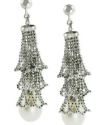 Layered elegance. These earrings, crafted from sterling silver with a rhodium finish, feature cultured freshwater pearls (10-11 mm) for a stylish touch. Approximate drop length: 2 inches. Approximate drop width: 1/2 inch.